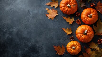 Pumpkins and autumn leaves arranged on a dark textured surface for fall season