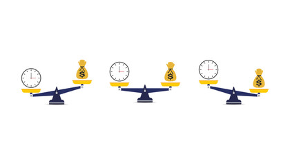 Three sets of balance scales weighing clocks against bags of money, illustrating the time-money tradeoff and resource management choices.