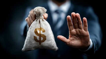 A suited figure extends a small burlap money bag marked with a dollar sign toward the viewer nearby - Powered by Adobe