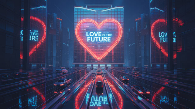 Futuristic cityscape with neon heart sign and love is the future