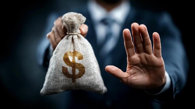 A suited figure extends a small burlap money bag marked with a dollar sign toward the viewer nearby