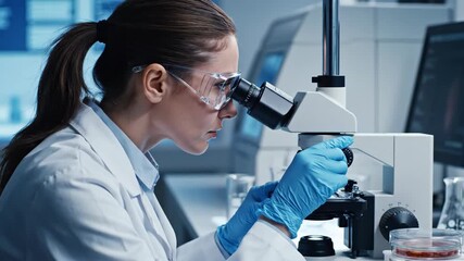 Female scientist working in a laboratory and looking through a microscope. Medical researcher analyzing a sample for a new discovery. Science and healthcare innovation - Powered by Adobe