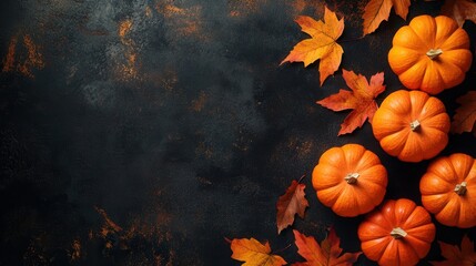 Autumn pumpkins and leaves on dark background creating a fall season theme