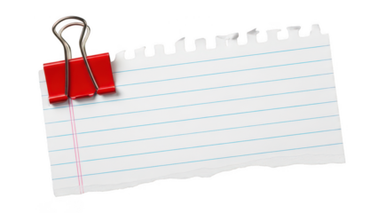 Lined torn notebook paper with red binder clip on transparent background
