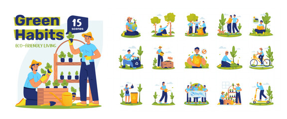 Green Habits Eco-Friendly Living Vector Illustration Set