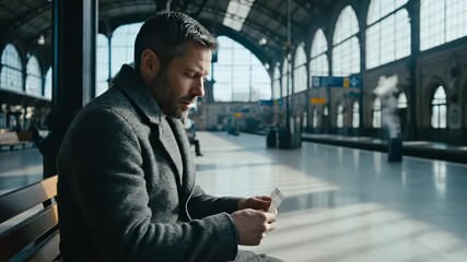 Man waits for a train at the station while time passes. A clock shows the time passing as the man waits. This man is traveling and waiting for his train. The concept of time and waiting for travel. - Powered by Adobe