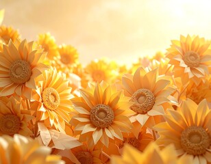 Close-up of a field of stylized, yellow flowers with warm tones. Sunlight bathes the scene, creating a vibrant and cheerful atmosphere