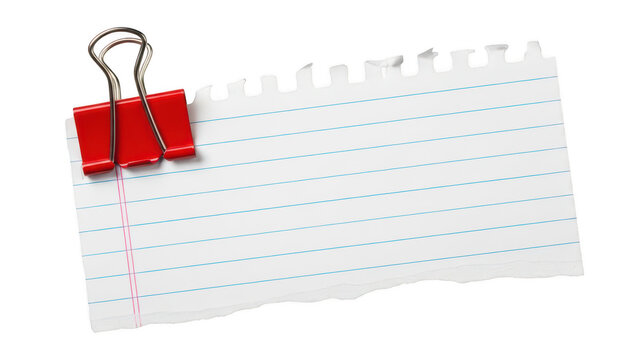 Lined torn notebook paper with red binder clip on transparent background
