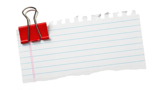 Lined torn notebook paper with red binder clip on transparent background
