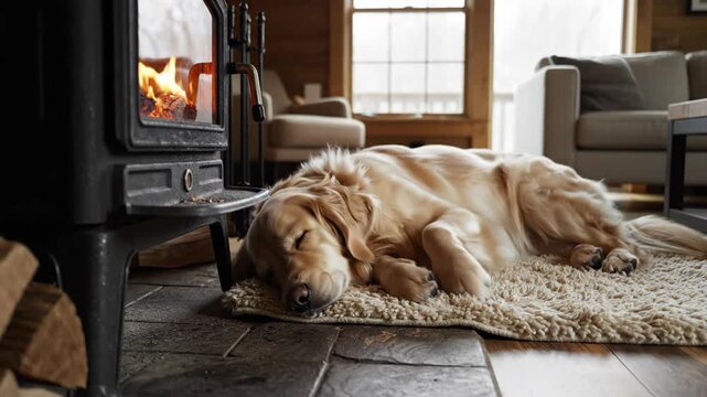A golden retriever dog sleeping by a warm fireplace. A cozy pet resting on a rug in a rustic living room. Domestic comfort and hygge lifestyle concept