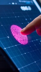 Close-up of a finger pressing a touchscreen, illuminating a glowing, pink fingerprint on a blue digital grid. Focus on biometric access