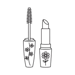 Hand drawn outline of mascara and lipstick with floral designs