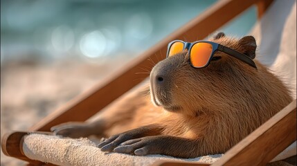 Capybara lying on a deck chair by the sea wearing sunglasses