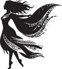 Silhouette of a woman dancing with patterned fabric flowing around her A striking silhouette of a woman in motion, her form accentuated by flowing fabric adorned with intricate patterns, evokes a sens © AKAUSCHONDRA