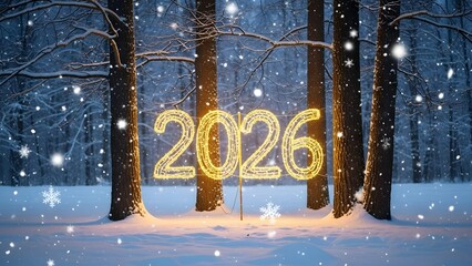 Illuminated golden '2026' sign stands in a serene, snow-covered winter forest with falling snowflakes, symbolizing a new year.