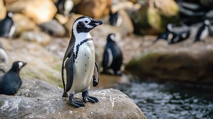 A single penguin stands on a rock near a group of other penguins in a rocky enclosure, with water visible in the background.