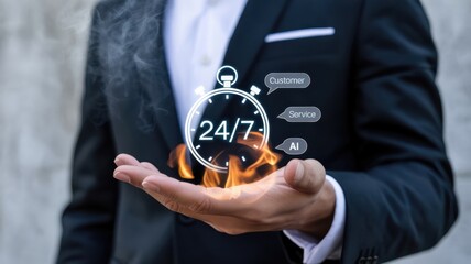 Business professional holds glowing digital stopwatch symbolizing constant availability and smart support options