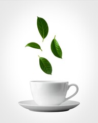 Fresh green tea leaves falling into a white cup