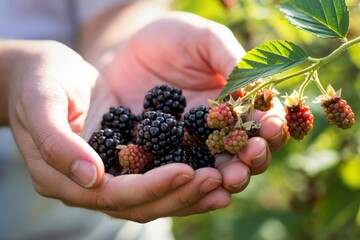 Hands holding freshly picked ripe blackberries from a bush