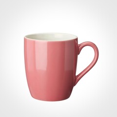 Simple pink ceramic mug with curved handle on white background
