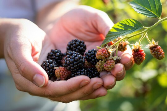 Hands holding freshly picked ripe blackberries from a bush