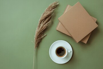 Cozy morning coffee with dried pampas grass and kraft paper