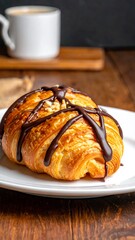 Close-up of a flaky pastry with chocolate drizzle on a white plate. A coffee cup sits in the blurred background on a wooden surface
