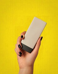 Hand holding a rectangular object against a yellow background