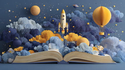 Open book and space elements. Planet rocket star cloud aerostat. Education concept for kids. Knowledge creativity discoveries. Design for educational motivational banner. Back