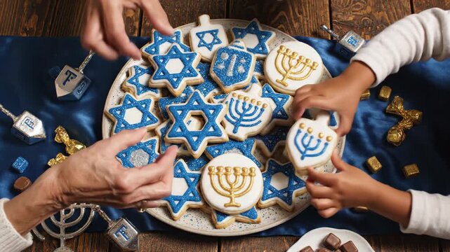 Family celebrating Hanukkah by sharing decorated cookies. Top-down view of festive treats like the Star of David and menorah. Jewish holiday tradition and togetherness