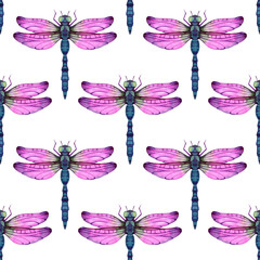 Watercolor seamless pattern with vivid dragonflies in pink and blue tones. Elegant nature-inspired insect design suitable for textiles, children s products, wallpapers, packaging, and creative