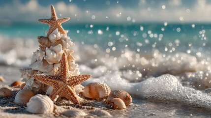 A beach scene with starfish and seashells forming the shape of an outdoor Christmas tree set against a blurred background of waves in sunlight. Ocean imagery depicts a festive aquatic