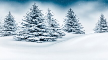 Obraz premium Snow covered pine trees on rolling hills under a dark starry sky winter landscape