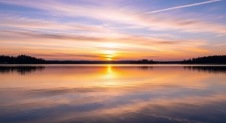 A beautiful sunset over a calm lake, with colorful reflections in the water and a vibrant sky. The scene is peaceful and serene.