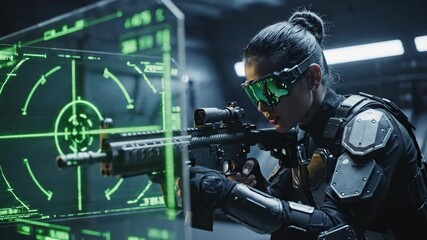 Futuristic female soldier aiming a rifle with a holographic HUD. Woman in tactical gear and augmented reality goggles shooting in a sci-fi simulation. Advanced military technology concept - Powered by Adobe