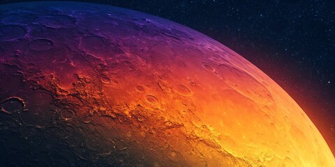 Colorful alien planet surface with craters in a star-filled cosmos