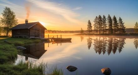 Idyllic Finnish Lakeside Cabin at Sunset - A Serene Retreat.