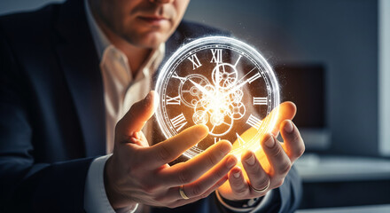 Businessman holding a glowing holographic clock representing time management and future planning strategy