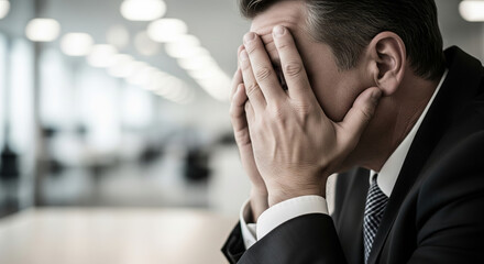 Stressed businessman covering his face with hands in an office suffering from severe burnout and exhaustion