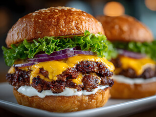 Double smash burger with cheese lettuce onion dressin. Two hefty ground beef patties cheeseburger with crisp romaine sliced allium creamy condiment a tasty diner classic culinary