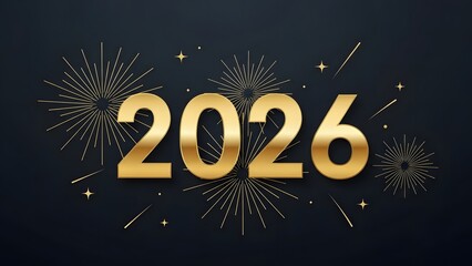 Golden year 2026 text with fireworks and stars on a dark background.