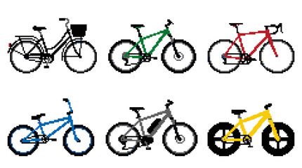 Obraz premium A collection of six distinct bicycle types, including city, mountain, road, BMX, electric, and fat bikes, displayed in various colors.