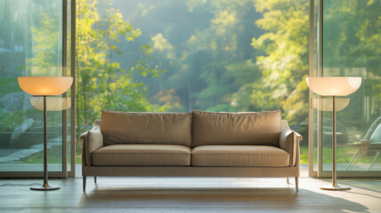 Modern living room with sofa and large windows