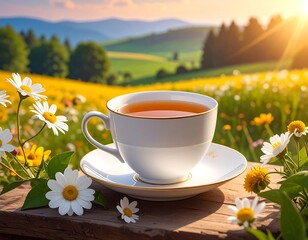 Aromatic tea cup with a picturesque background and daisies field on summer