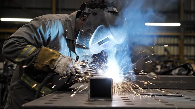 Welding worker fabricates metal with torch. Welder wears protective helmet and glove. Sparks fly from welding point on steel. Industrial workshop shows fabrication process. Focused worker manages