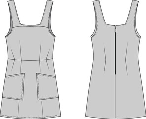 Fashion flat sketch of a grey sleeveless A-line dress with square neckline and patch pockets drawing