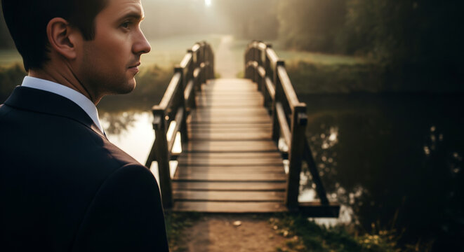Thoughtful businessman contemplating the path to success near a wooden bridge at sunrise