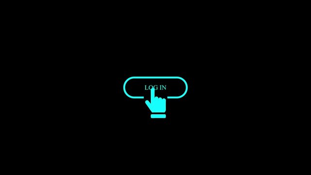 Cyan cursor hand clicking on a glowing blue login button on a dark black background digital interface concept for authentication access security and online account entry