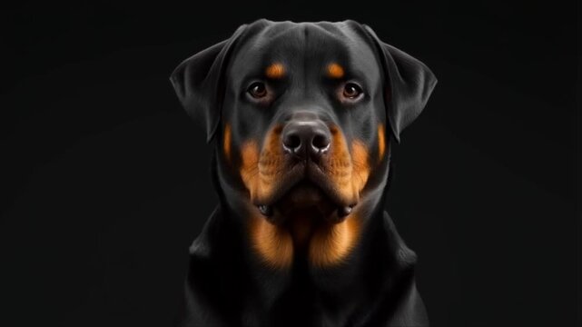 Approche lin&eacute;aire sur un Rottweiler. l'animal assis ne bouge presque pas, il impose par sa carrure et son regard vif, il est en mode d&eacute;fense 