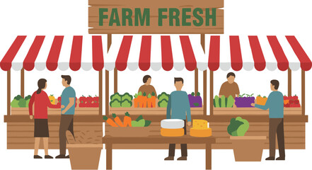 Vibrant farmers market stall with vendors selling fresh produce to customers.